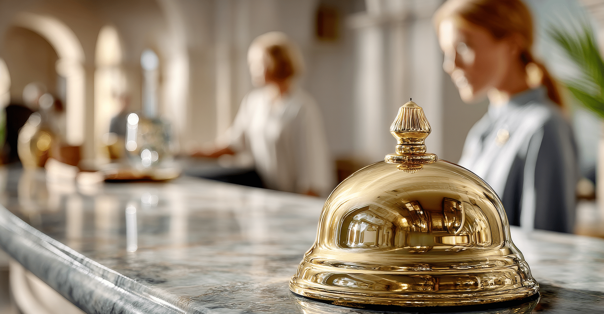 Cloche de service dorée brillante sur comptoir en marbre. Hall d'hôtel lumineux avec personnel en arrière-plan.
