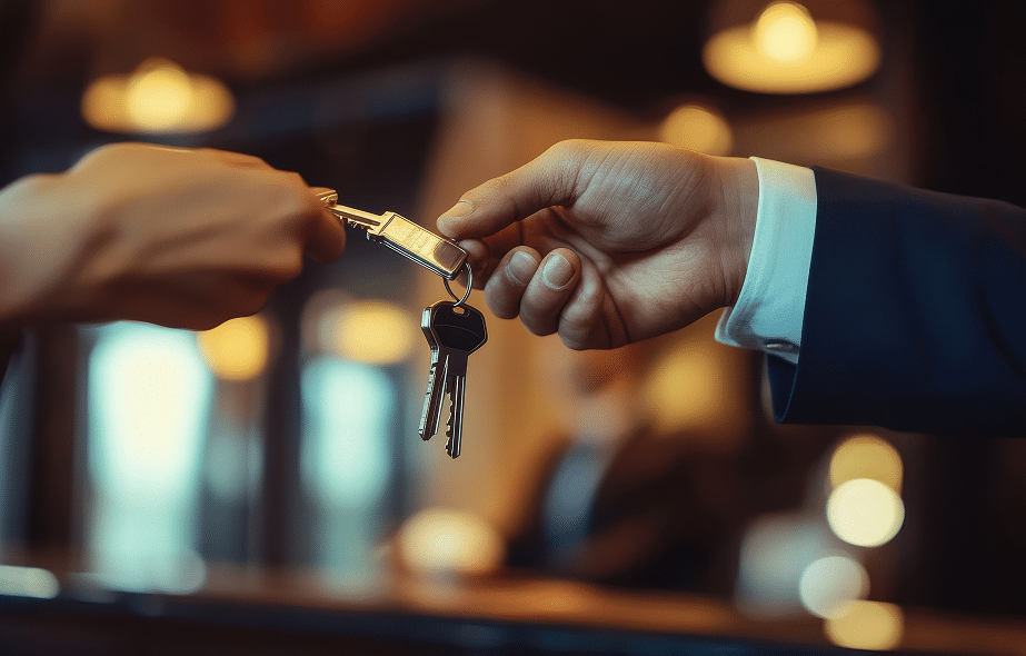 Deux mains échangent un trousseau de clés métalliques. L'une, vêtue d'un costume, reçoit les clés d'une autre main. Remise de propriété ou véhicule.